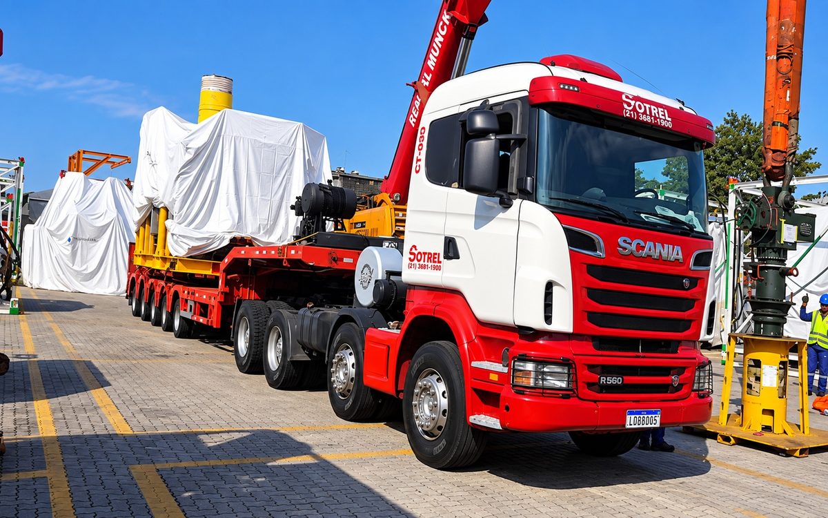 Caminhão Sotrel com linhas de eixo transportando módulo industrial